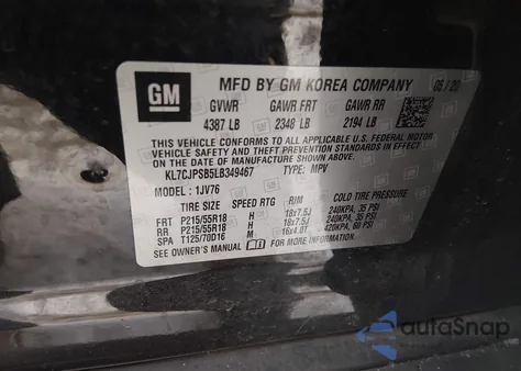 2020 Chevrolet Trax Awd Lt из США, поврежденный, VIN KL7CJPSB4LB002728